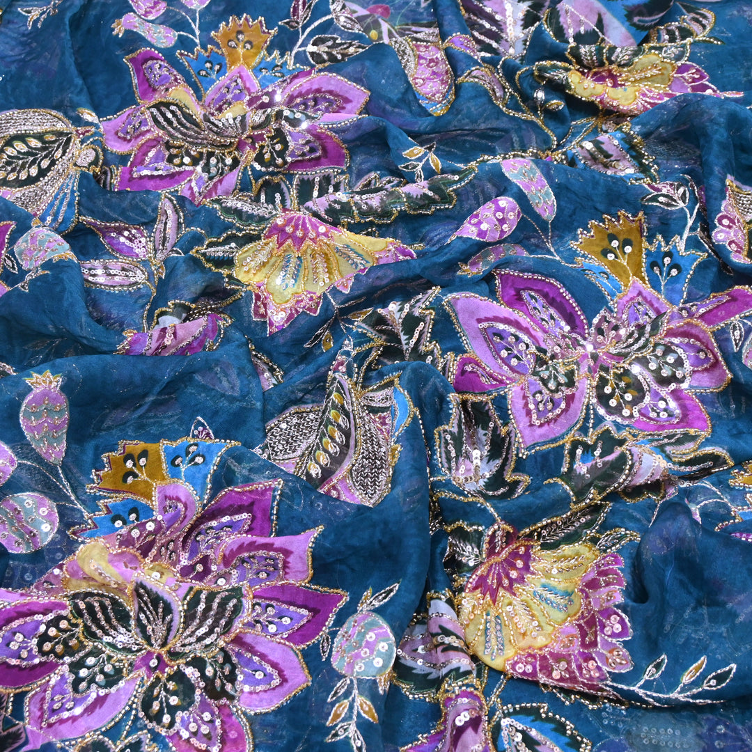 Viscose Organza Position Printed with Zari Sequence Embroidery