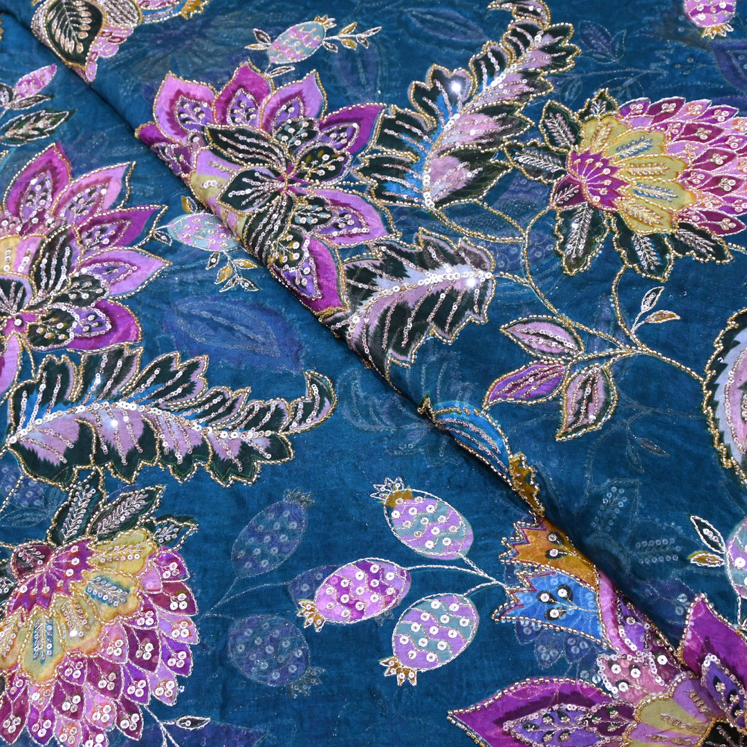 Viscose Organza Position Printed with Zari Sequence Embroidery