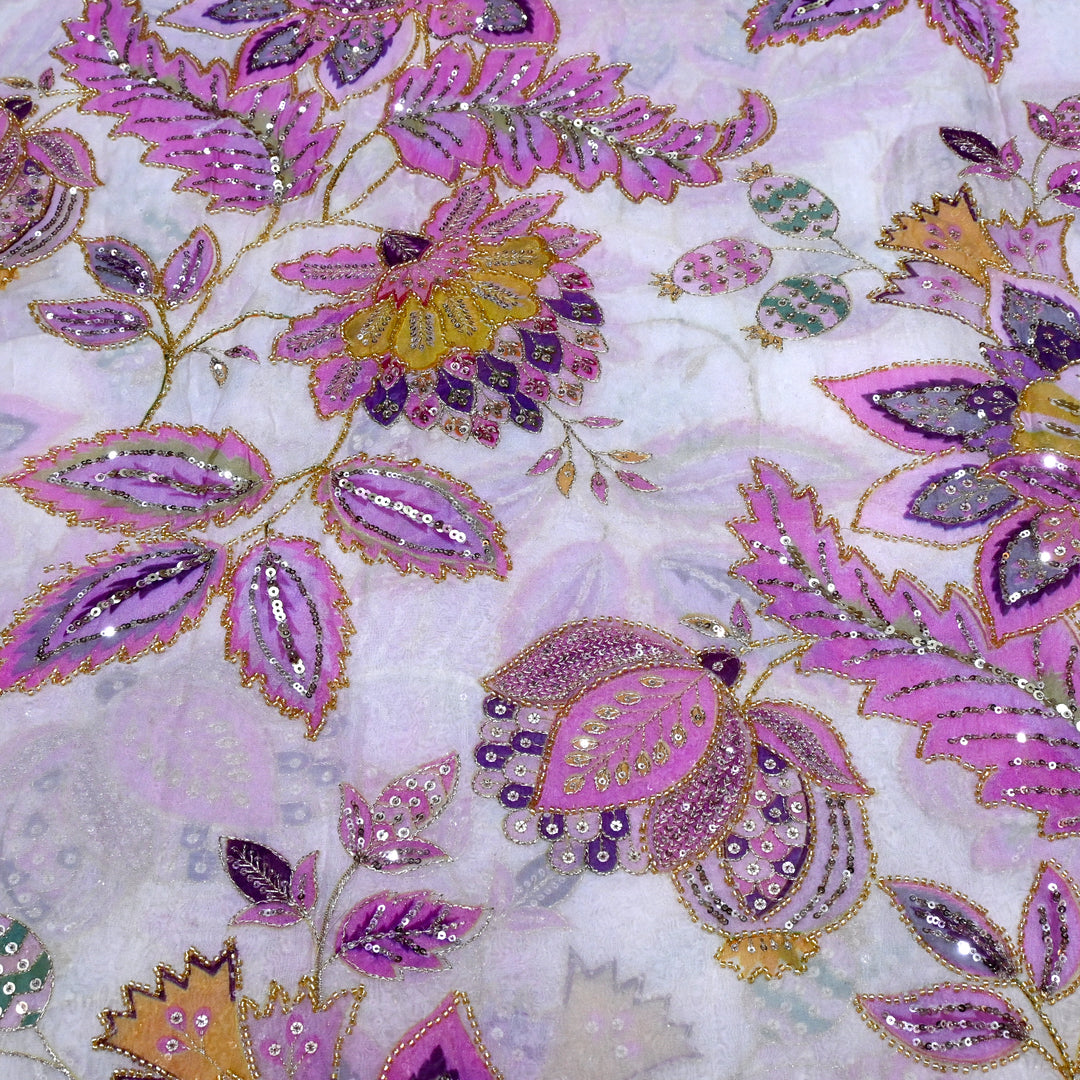 Viscose Organza Position Printed with Zari Sequence Embroidery