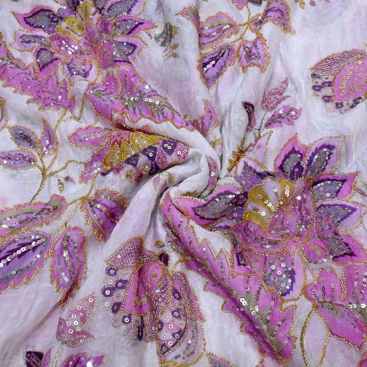 Viscose Organza Position Printed with Zari Sequence Embroidery