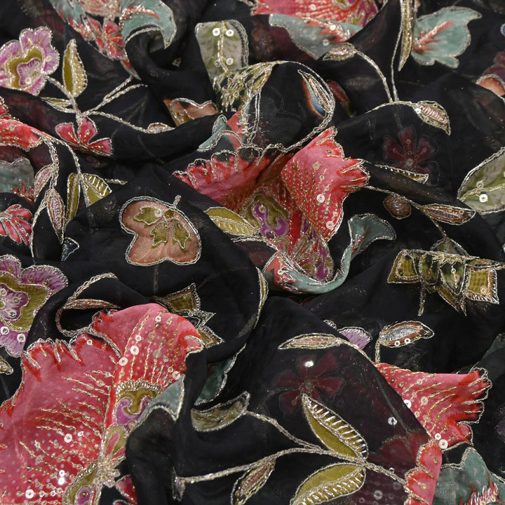 Viscose Organza Position Print Zari & Sequins Embroidery Fabric 54" | Designer Fabric | V2273C-01