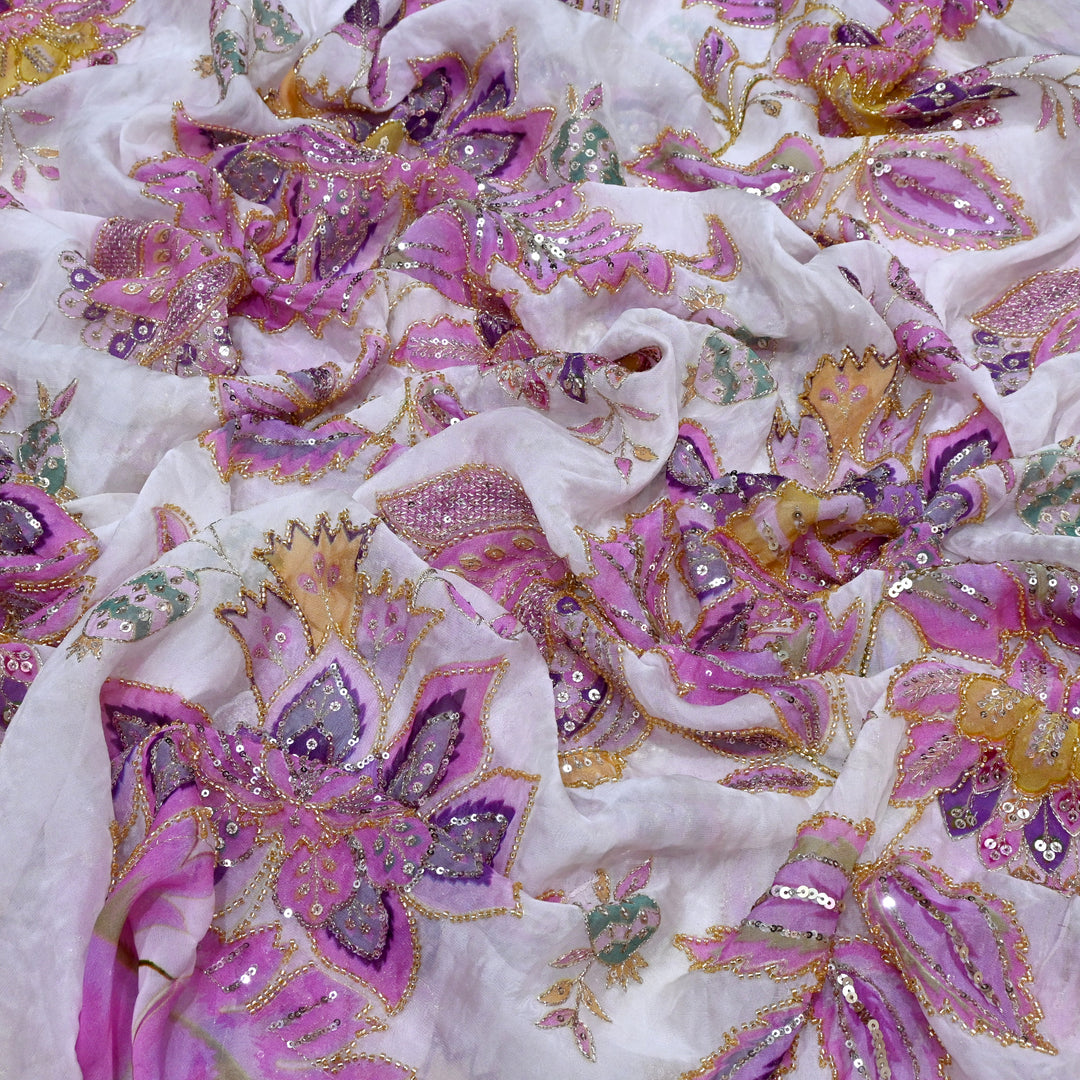 Viscose Organza Position Printed with Zari Sequence Embroidery