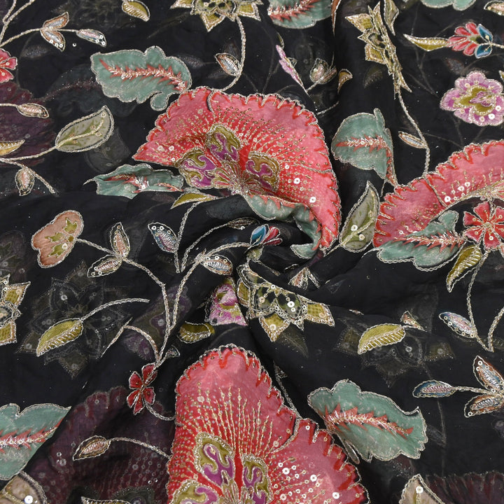 Viscose Organza Position Print Zari & Sequins Embroidery Fabric 54" | Designer Fabric | V2273C-01