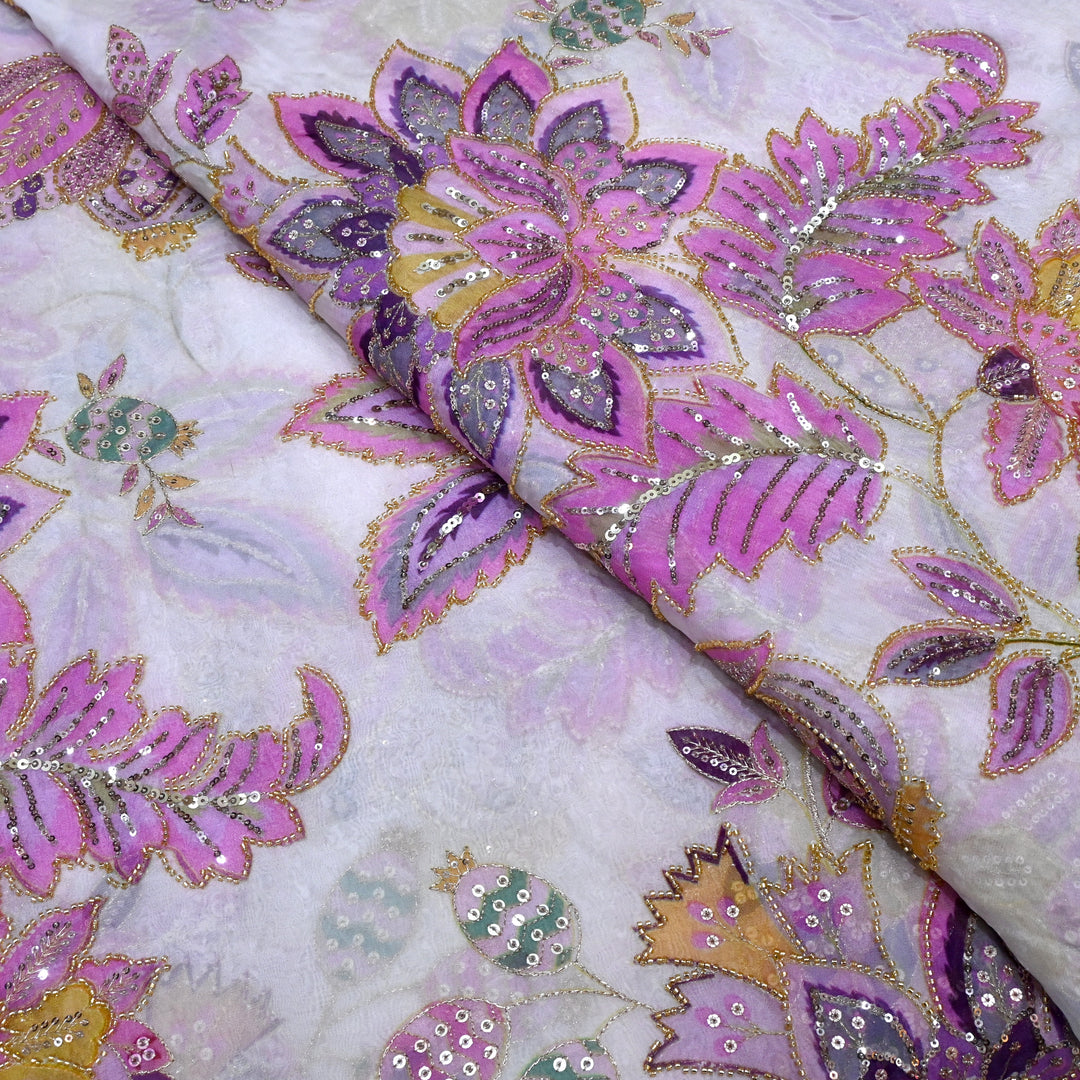 Viscose Organza Position Printed with Zari Sequence Embroidery