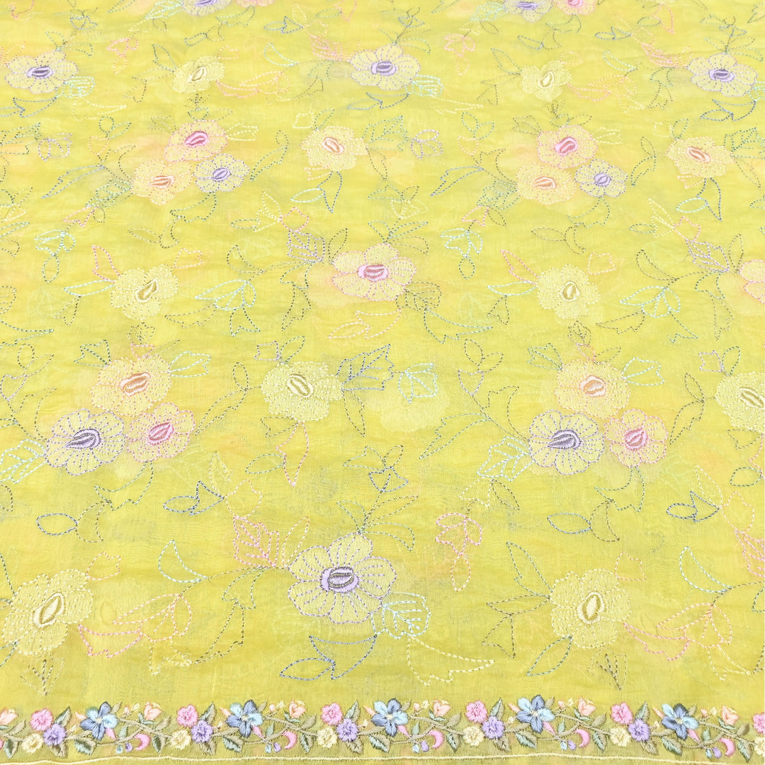 Yellow Color Mul Chanderi Floral Thread Embroidery Fabric – Soft Lightweight Designer Fabric- TXTR22-1