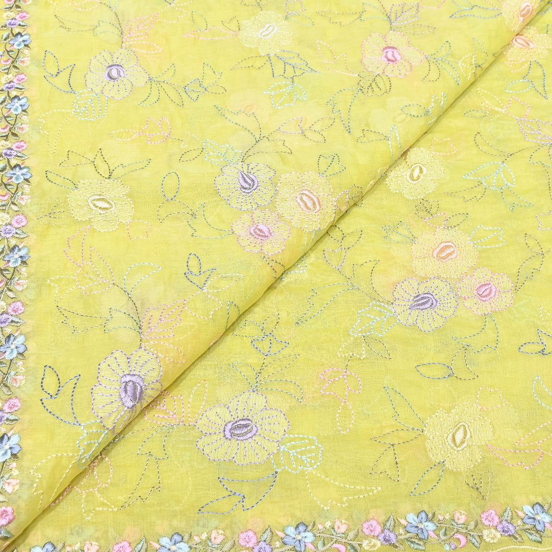 Yellow Color Mul Chanderi Floral Thread Embroidery Fabric – Soft Lightweight Designer Fabric- TXTR22-1