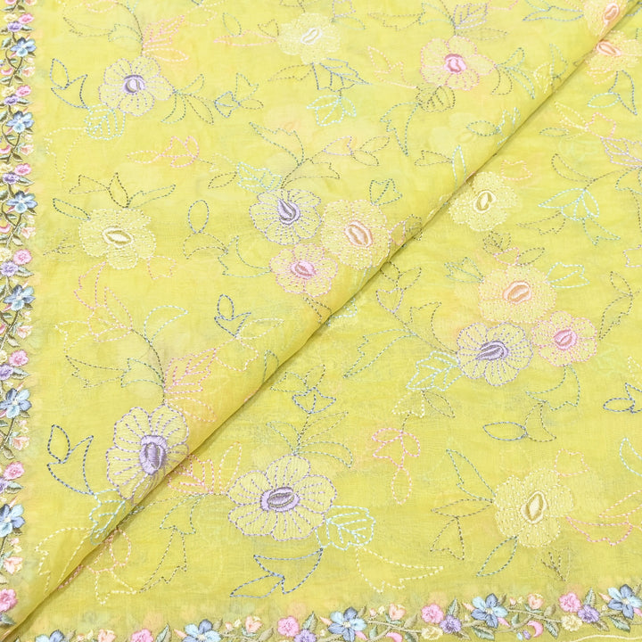 Yellow Color Mul Chanderi Floral Thread Embroidery Fabric – Soft Lightweight Designer Fabric- TXTR22-1
