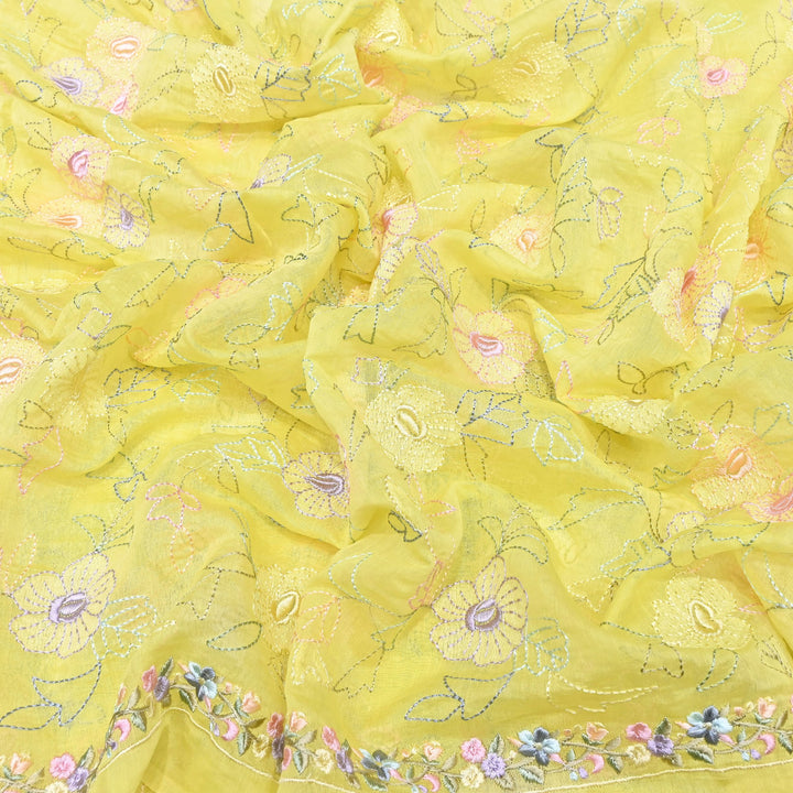 Yellow Color Mul Chanderi Floral Thread Embroidery Fabric – Soft Lightweight Designer Fabric- TXTR22-1