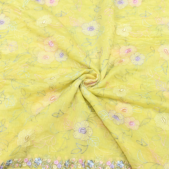Yellow Color Mul Chanderi Floral Thread Embroidery Fabric – Soft Lightweight Designer Fabric- TXTR22-1