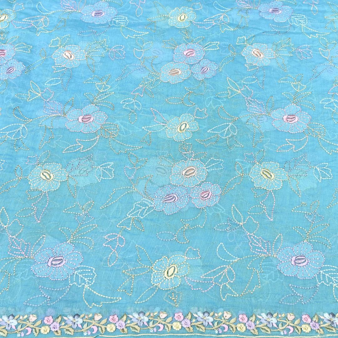 Aqua Sky Blue Color Mul Chanderi Floral Thread Embroidery Fabric – Soft Lightweight Designer Fabric- TXTR22-2