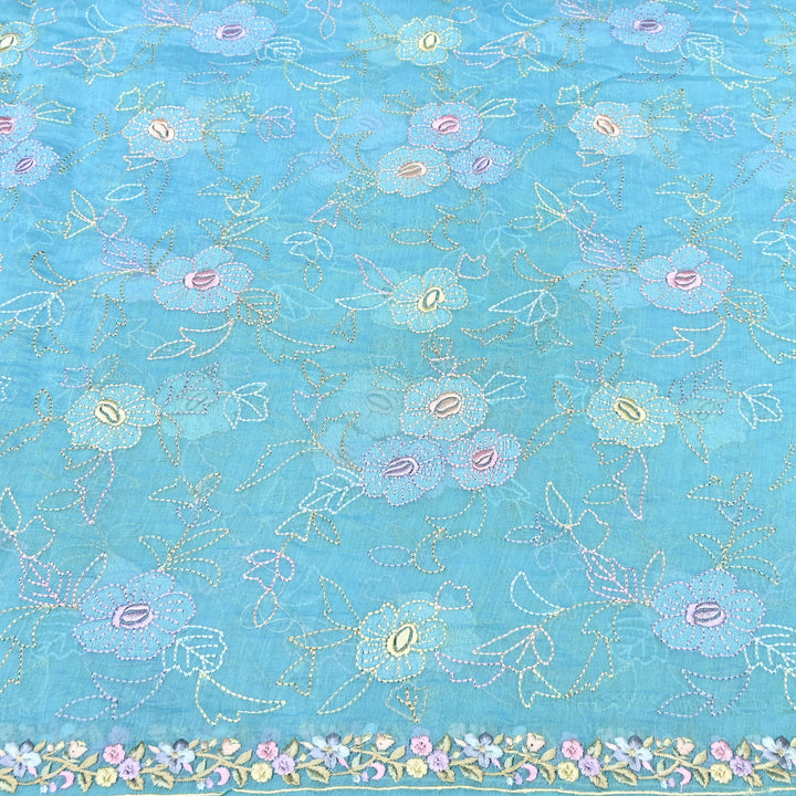 Aqua Sky Blue Color Mul Chanderi Floral Thread Embroidery Fabric – Soft Lightweight Designer Fabric- TXTR22-2