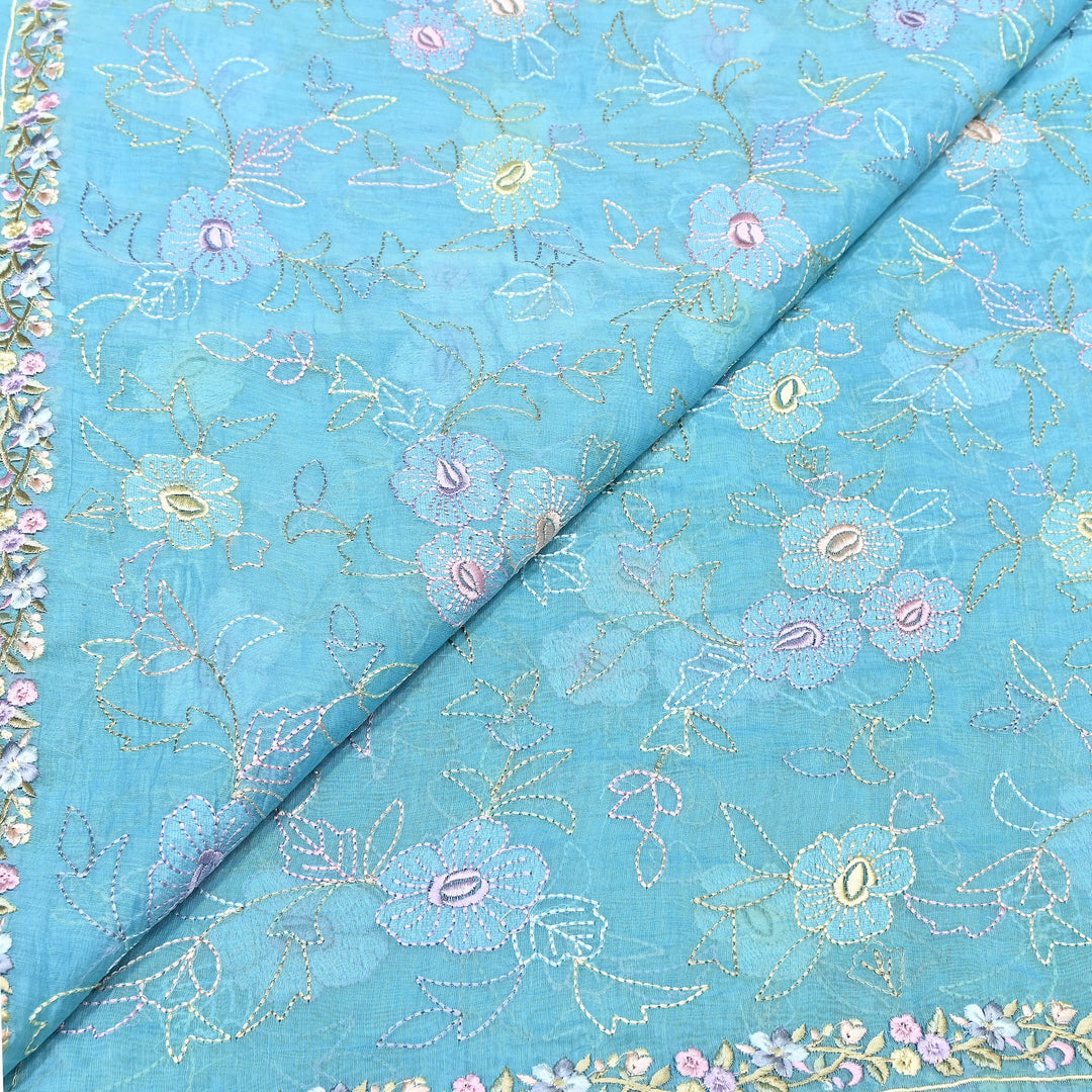 Aqua Sky Blue Color Mul Chanderi Floral Thread Embroidery Fabric – Soft Lightweight Designer Fabric- TXTR22-2