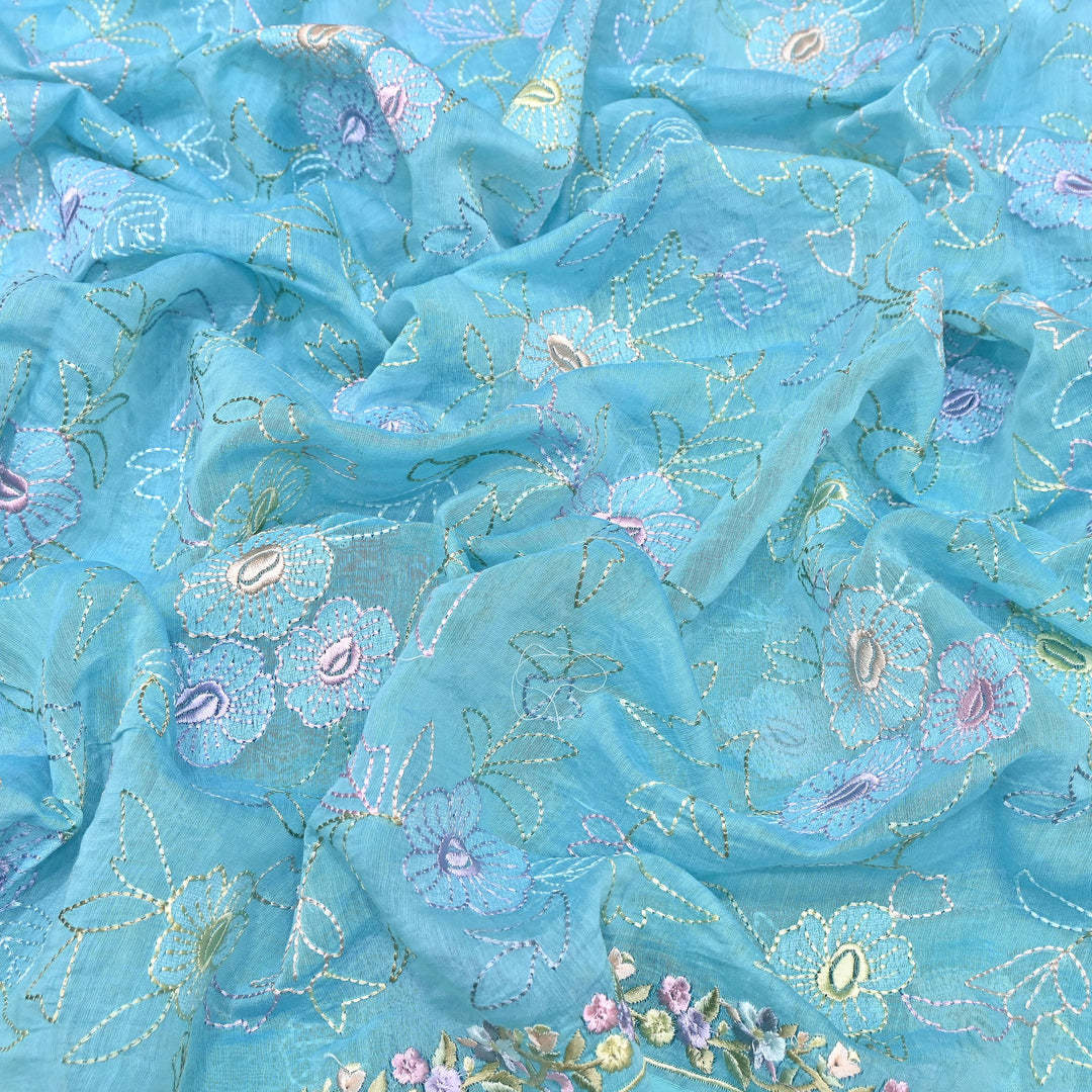 Aqua Sky Blue Color Mul Chanderi Floral Thread Embroidery Fabric – Soft Lightweight Designer Fabric- TXTR22-2