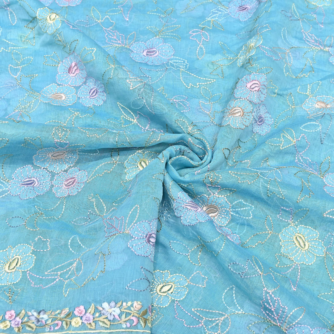 Aqua Sky Blue Color Mul Chanderi Floral Thread Embroidery Fabric – Soft Lightweight Designer Fabric- TXTR22-2