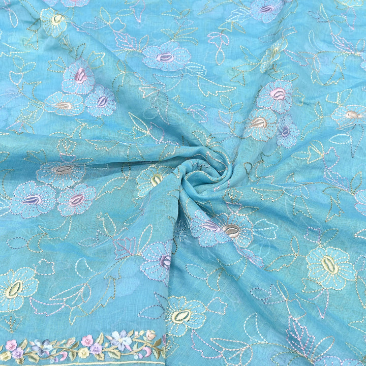 Aqua Sky Blue Color Mul Chanderi Floral Thread Embroidery Fabric – Soft Lightweight Designer Fabric- TXTR22-2