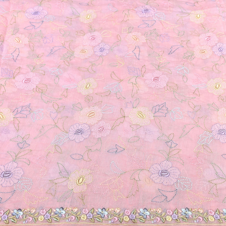 Pastel Blush Pink Color Mul Chanderi Floral Thread Embroidery Fabric – Soft Lightweight Designer Fabric- TXTR22-3