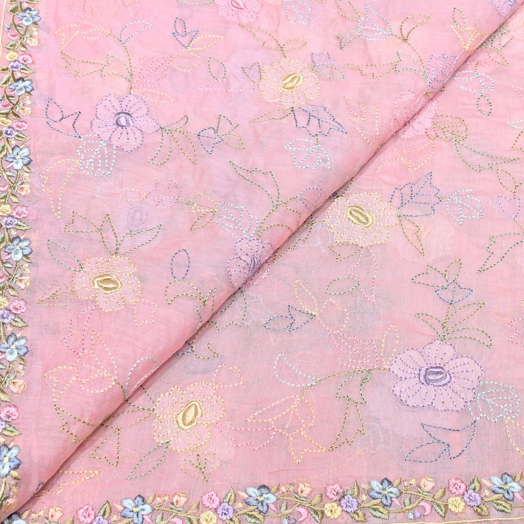 Pastel Blush Pink Color Mul Chanderi Floral Thread Embroidery Fabric – Soft Lightweight Designer Fabric- TXTR22-3