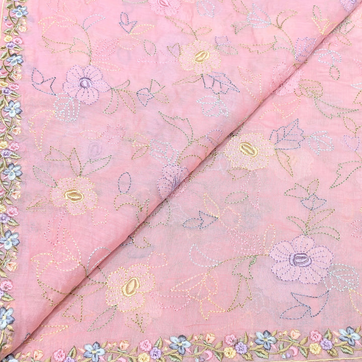 Pastel Blush Pink Color Mul Chanderi Floral Thread Embroidery Fabric – Soft Lightweight Designer Fabric- TXTR22-3