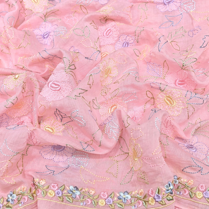 Pastel Blush Pink Color Mul Chanderi Floral Thread Embroidery Fabric – Soft Lightweight Designer Fabric- TXTR22-3