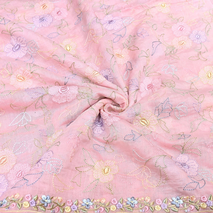 Pastel Blush Pink Color Mul Chanderi Floral Thread Embroidery Fabric – Soft Lightweight Designer Fabric- TXTR22-3