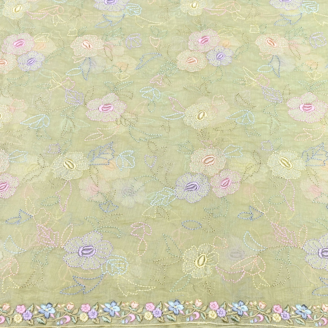 Pastel Sage Green Color Mul Chanderi Floral Thread Embroidery Fabric – Soft Lightweight Designer Fabric- TXTR22-4