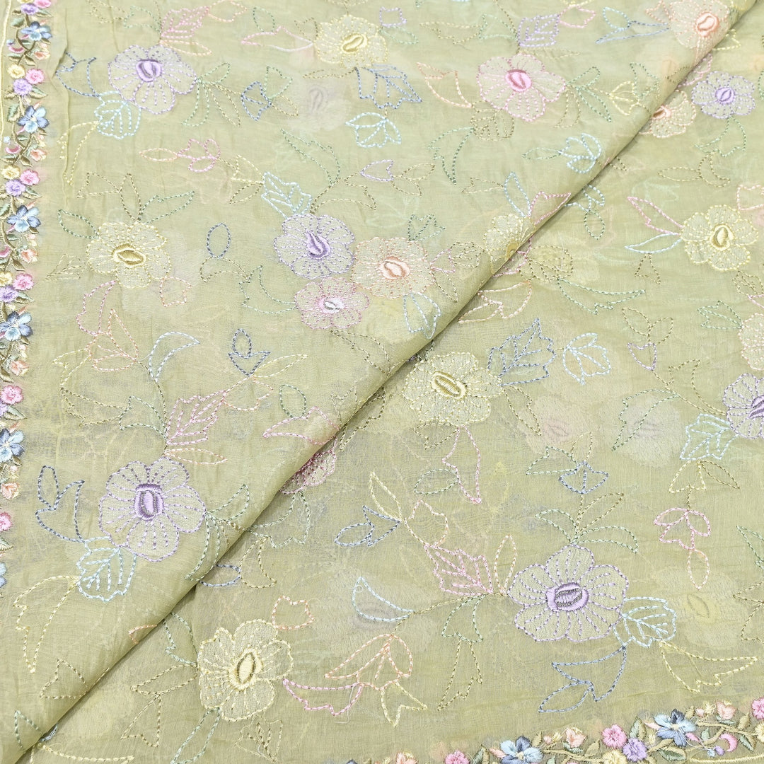 Pastel Sage Green Color Mul Chanderi Floral Thread Embroidery Fabric – Soft Lightweight Designer Fabric- TXTR22-4