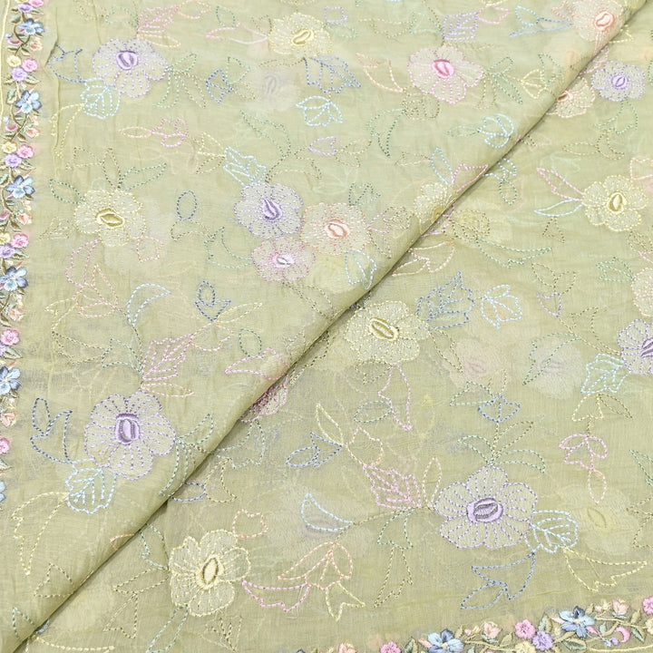 Pastel Sage Green Color Mul Chanderi Floral Thread Embroidery Fabric – Soft Lightweight Designer Fabric- TXTR22-4