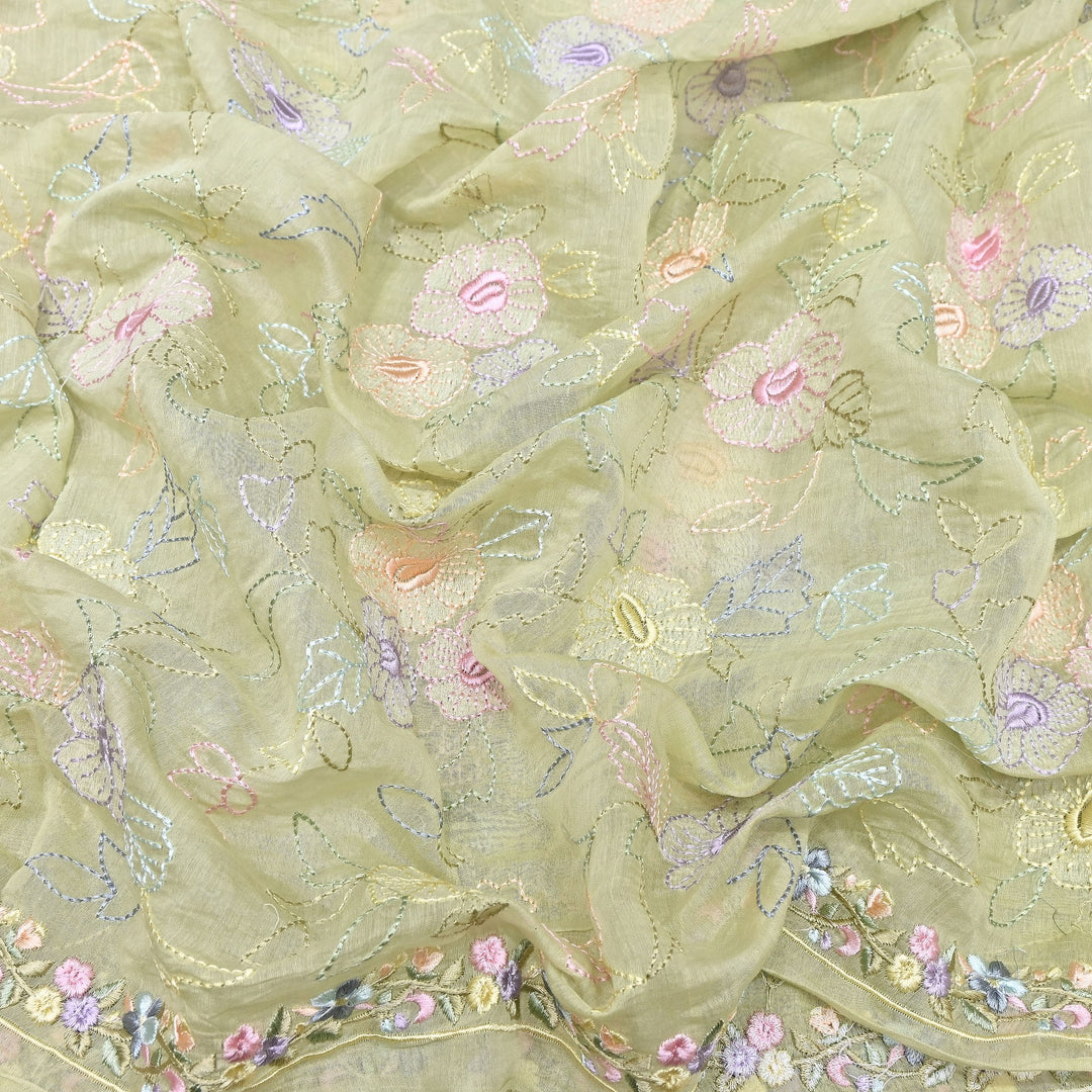 Pastel Sage Green Color Mul Chanderi Floral Thread Embroidery Fabric – Soft Lightweight Designer Fabric- TXTR22-4