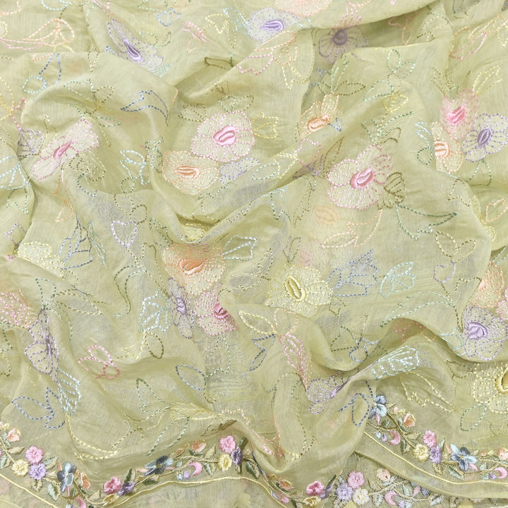 Pastel Sage Green Color Mul Chanderi Floral Thread Embroidery Fabric – Soft Lightweight Designer Fabric- TXTR22-4