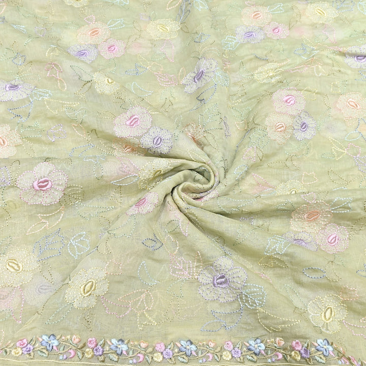 Pastel Sage Green Color Mul Chanderi Floral Thread Embroidery Fabric – Soft Lightweight Designer Fabric- TXTR22-4