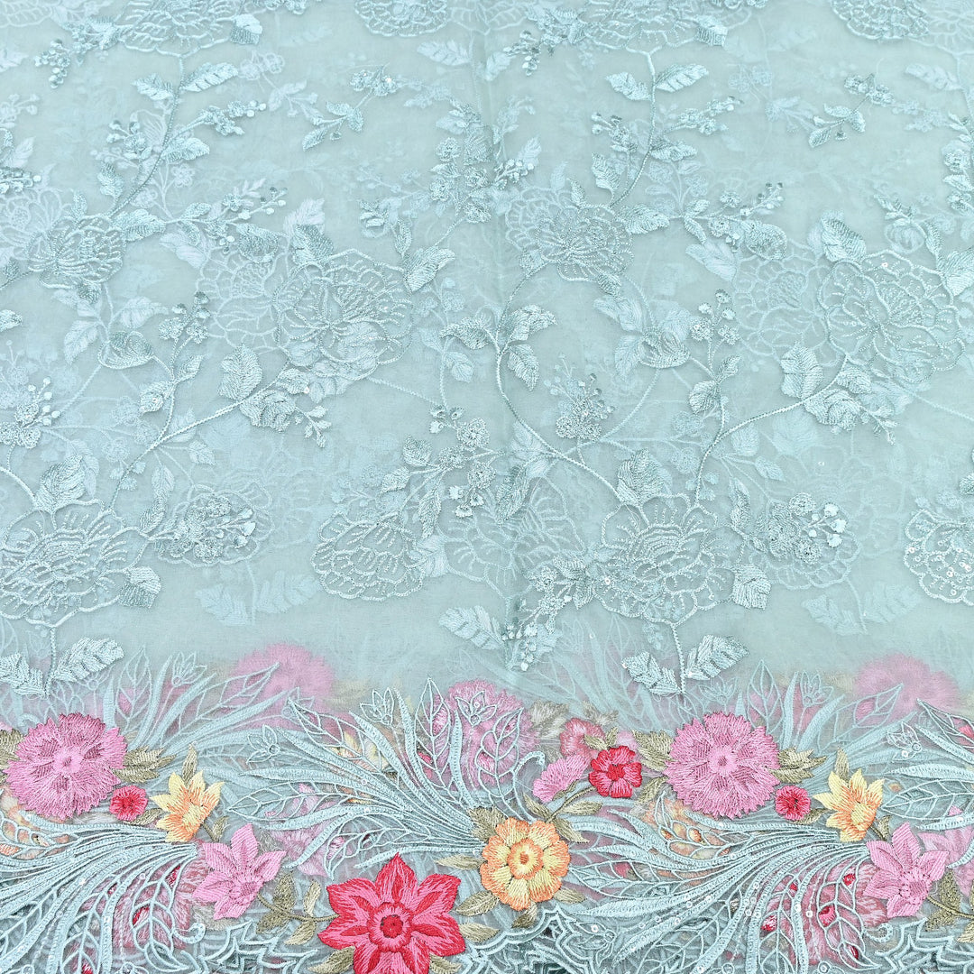 Mint Blue Silk Organza Cutwork Embroidery Fabric-MS0130-1