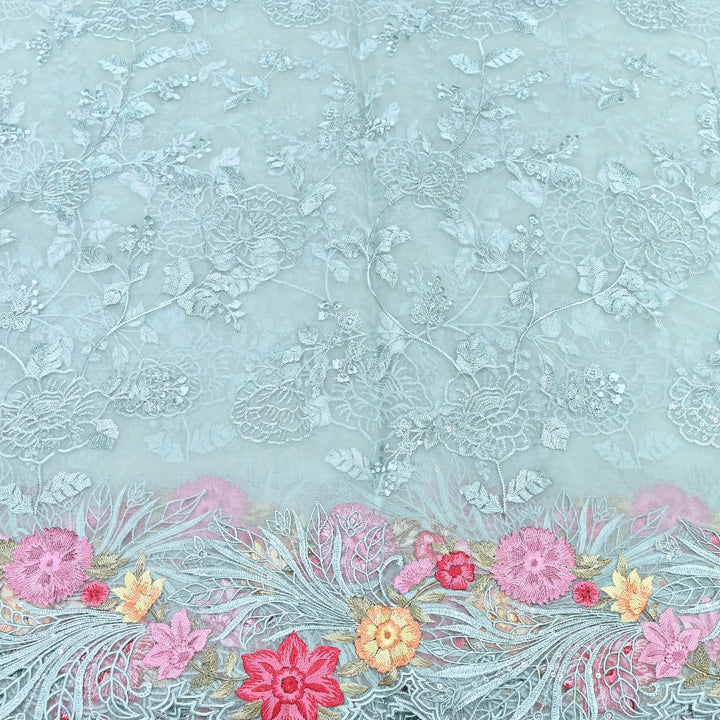 Mint Blue Silk Organza Cutwork Embroidery Fabric-MS0130-1
