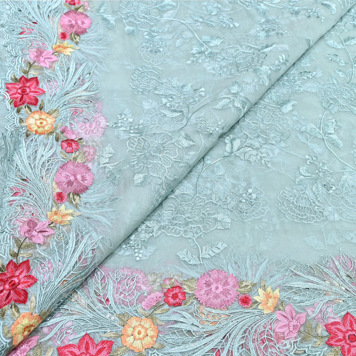 Mint Blue Silk Organza Cutwork Embroidery Fabric-MS0130-1