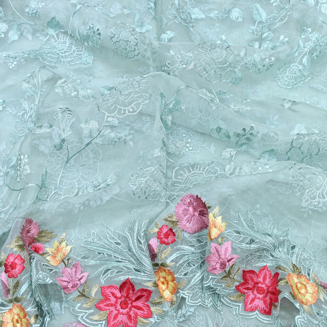 Mint Blue Silk Organza Cutwork Embroidery Fabric-MS0130-1