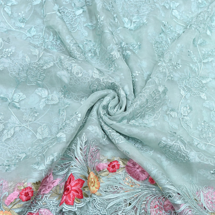Mint Blue Silk Organza Cutwork Embroidery Fabric-MS0130-1