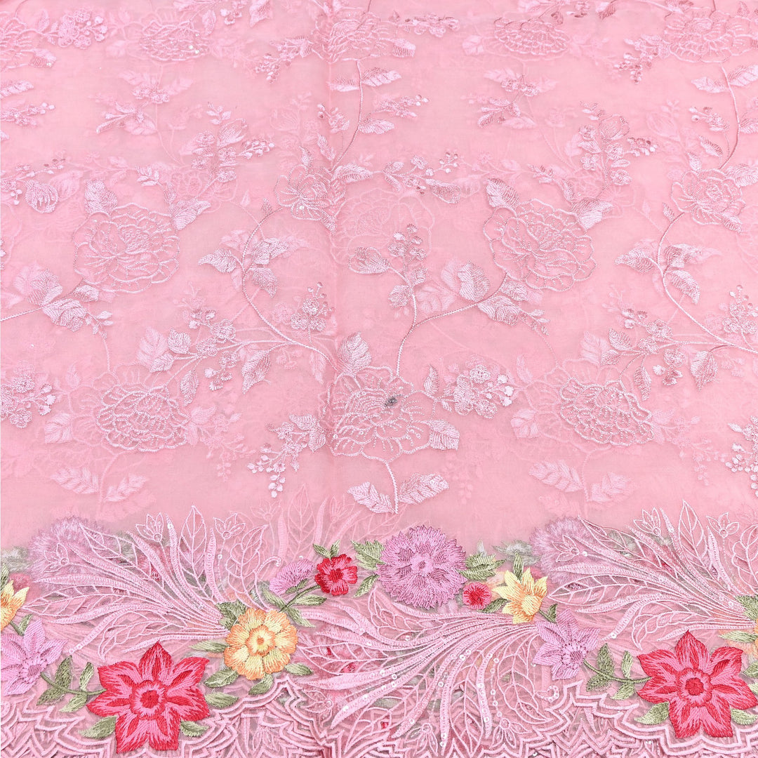 Peach Pink Silk Organza Cutwork Embroidery Fabric-MS0130-3