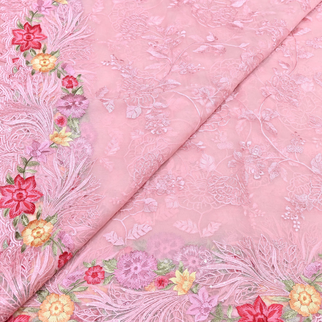 Peach Pink Silk Organza Cutwork Embroidery Fabric-MS0130-3