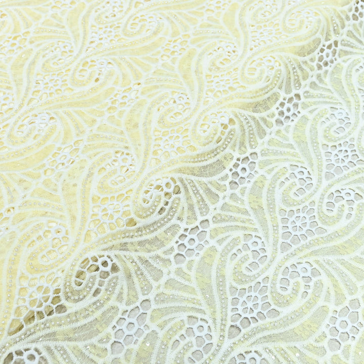 Soft Ivory Yellow Color Imported Pearl Embellished Cutwork Crepe Fabric CF4681-2