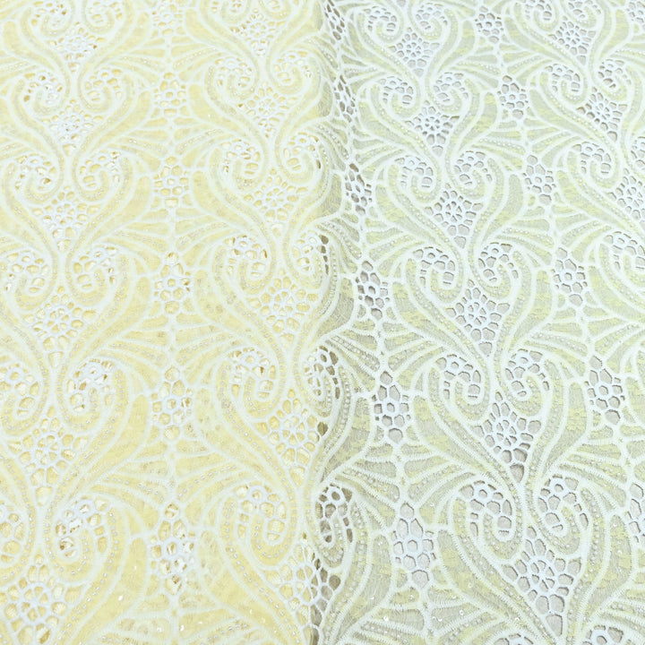 Soft Ivory Yellow Color Imported Pearl Embellished Cutwork Crepe Fabric CF4681-2