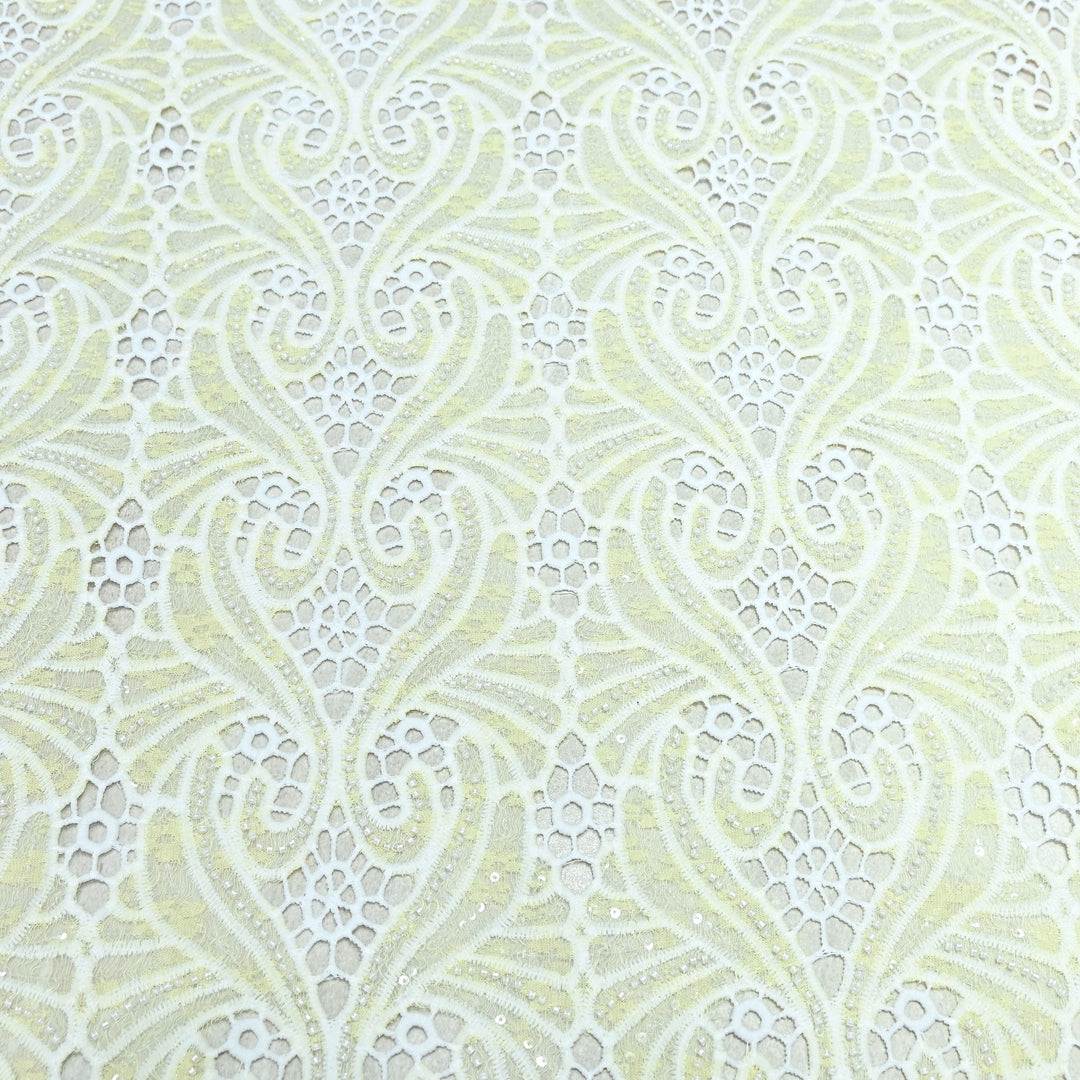 Soft Ivory Yellow Color Imported Pearl Embellished Cutwork Crepe Fabric CF4681-2