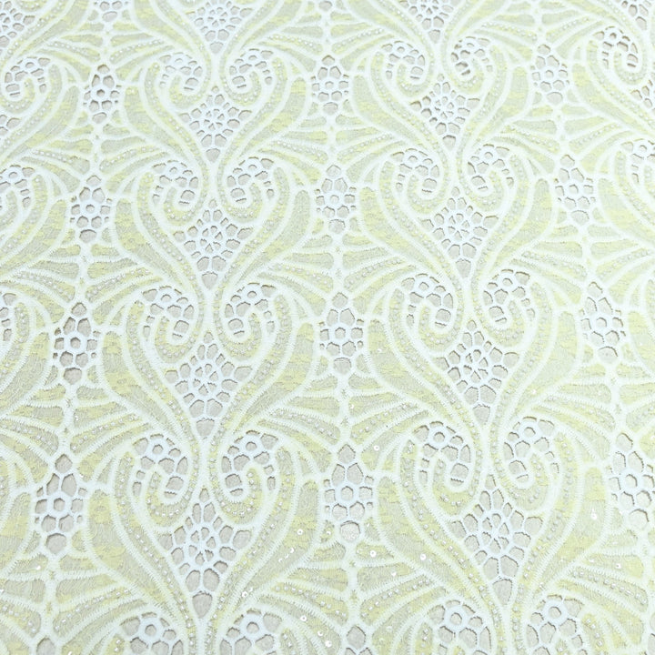 Soft Ivory Yellow Color Imported Pearl Embellished Cutwork Crepe Fabric CF4681-2