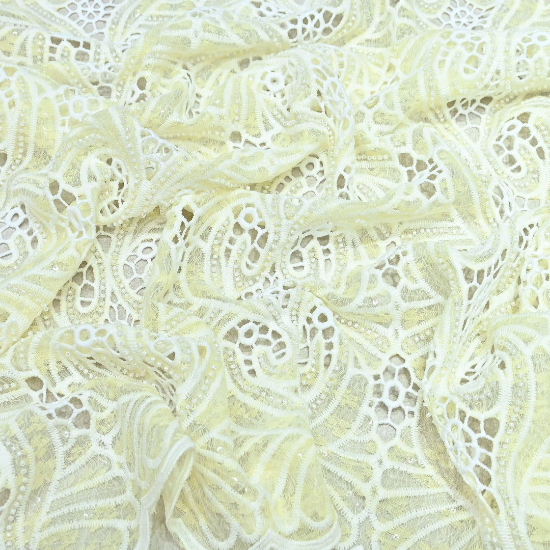 Soft Ivory Yellow Color Imported Pearl Embellished Cutwork Crepe Fabric CF4681-2