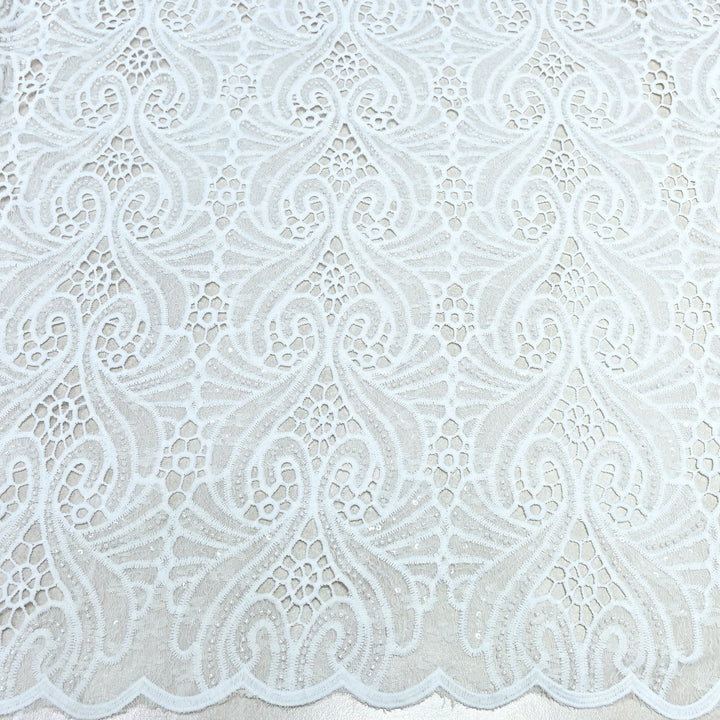 Off White Color Imported Pearl Embellished Cutwork Crepe Fabric CF4681-3