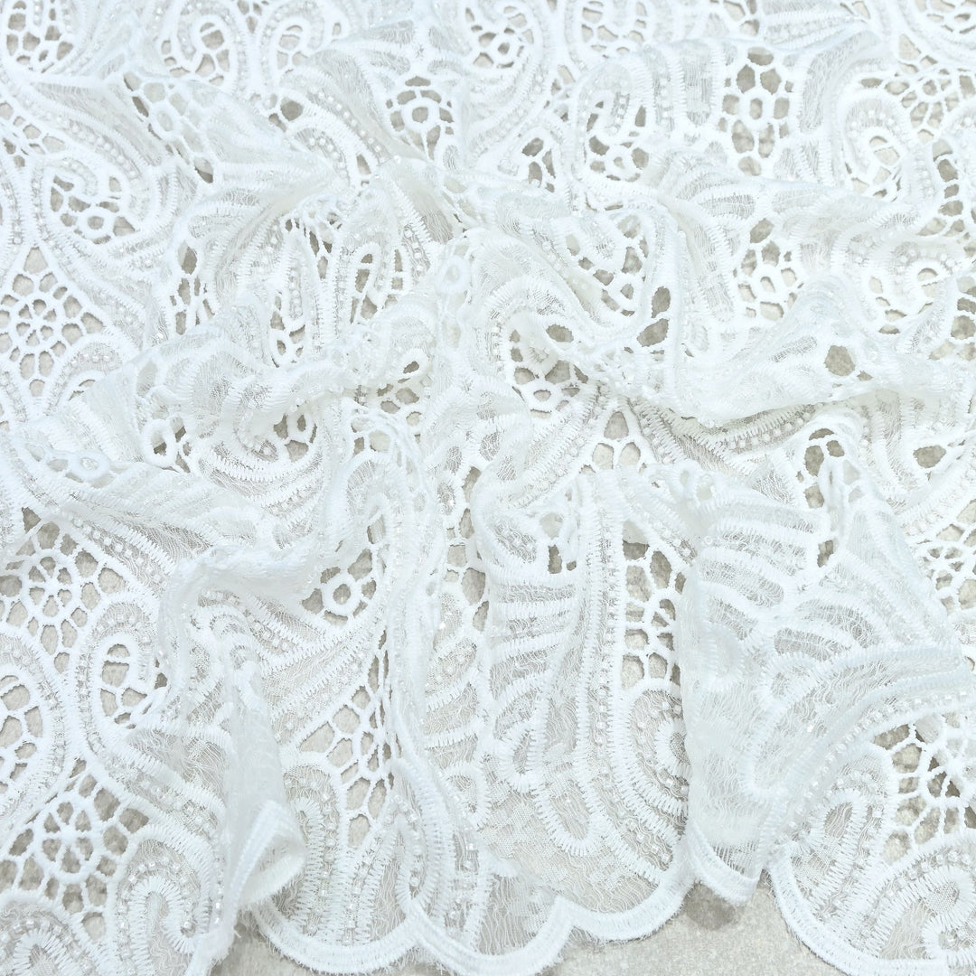 Off White Color Imported Pearl Embellished Cutwork Crepe Fabric CF4681-3