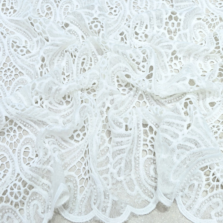 Off White Color Imported Pearl Embellished Cutwork Crepe Fabric CF4681-3