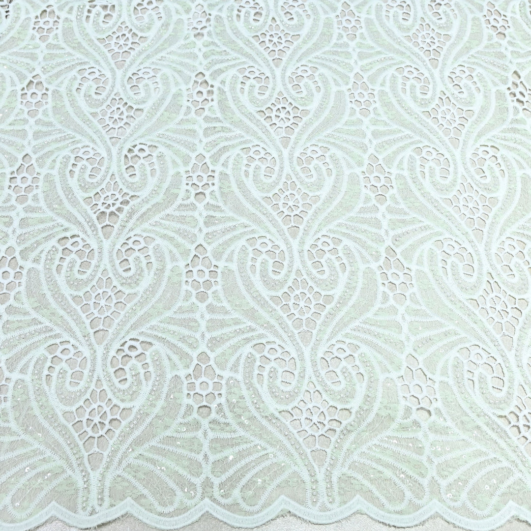 Mint Mist Green Color Imported Pearl Embellished Cutwork Crepe Fabric CF4681-4