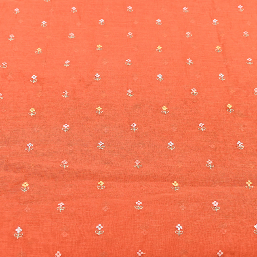 Orange Color Mul Chanderi Thread Buti Embroidery Fabric- Chanderi Buti MF5610-1