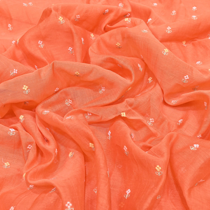 Orange Color Mul Chanderi Thread Buti Embroidery Fabric- Chanderi Buti MF5610-1