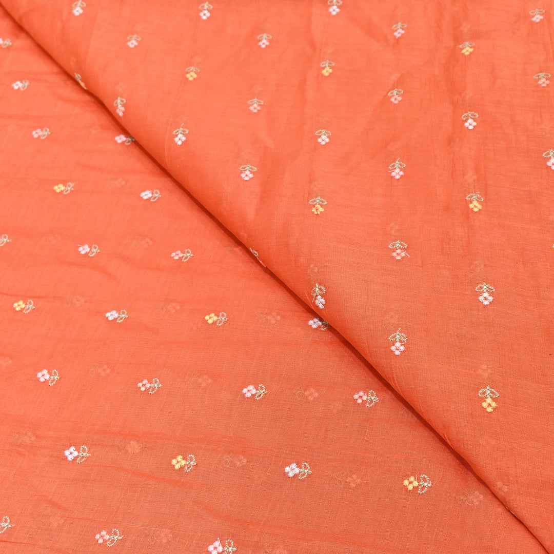 Orange Color Mul Chanderi Thread Buti Embroidery Fabric- Chanderi Buti MF5610-1