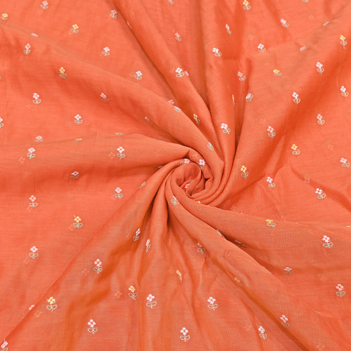 Orange Color Mul Chanderi Thread Buti Embroidery Fabric- Chanderi Buti MF5610-1